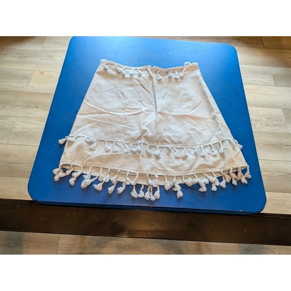 Light Blue Tassel Trim Linen Blend Mini Skirt Boho A-Line XS FBA5488342